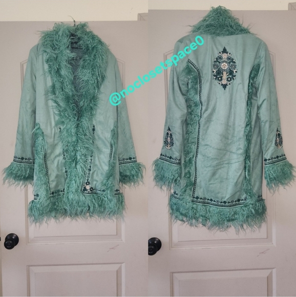 New Spell Designs Joplin Jacket Teal Penny Lane Trench Coat Faux Fur S Emerald - Picture 14 of 17